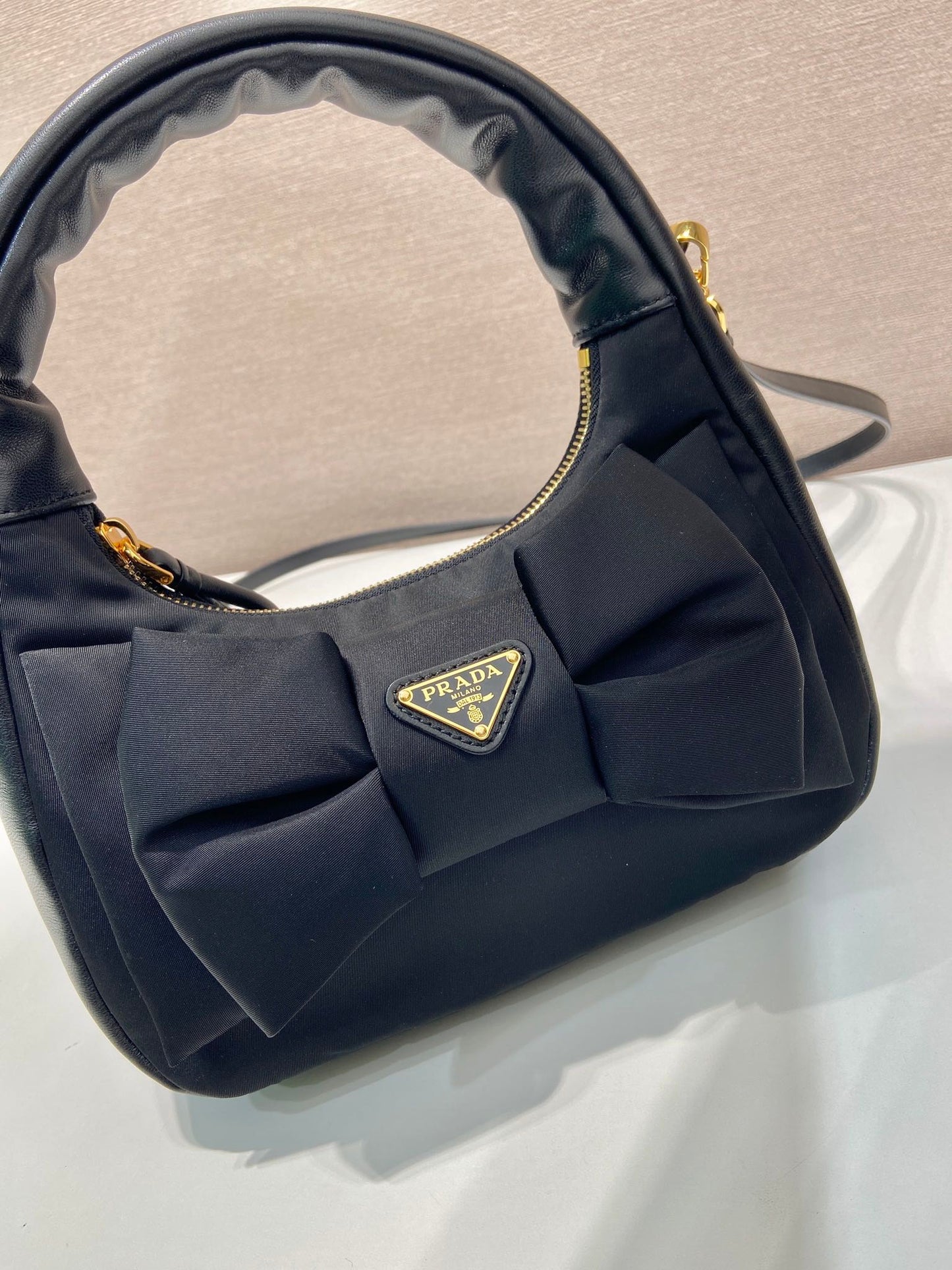 Luxury PradaBOW HOBO BAG 22 IN BLACK RE-NYLON AND LAMBSKIN