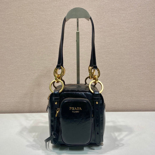 Luxury PradaSMALL RECTANGULAR BAG 14 IN BLACK OIL WAX LAMBSKIN GOLD HARDWARE