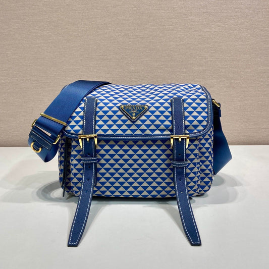 Luxury PradaMESSENGER BAG 25 IN BLUE MIX WHITE TRIANGLE PATTERN EMBROIDERED FABRIC