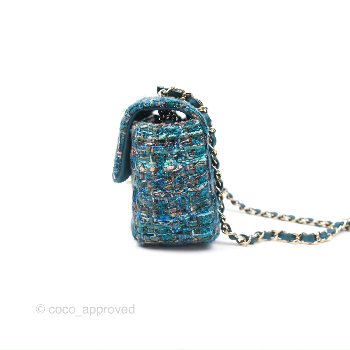 Chanel Mini Rectangular Flap Teal Tweed Gold Hardware