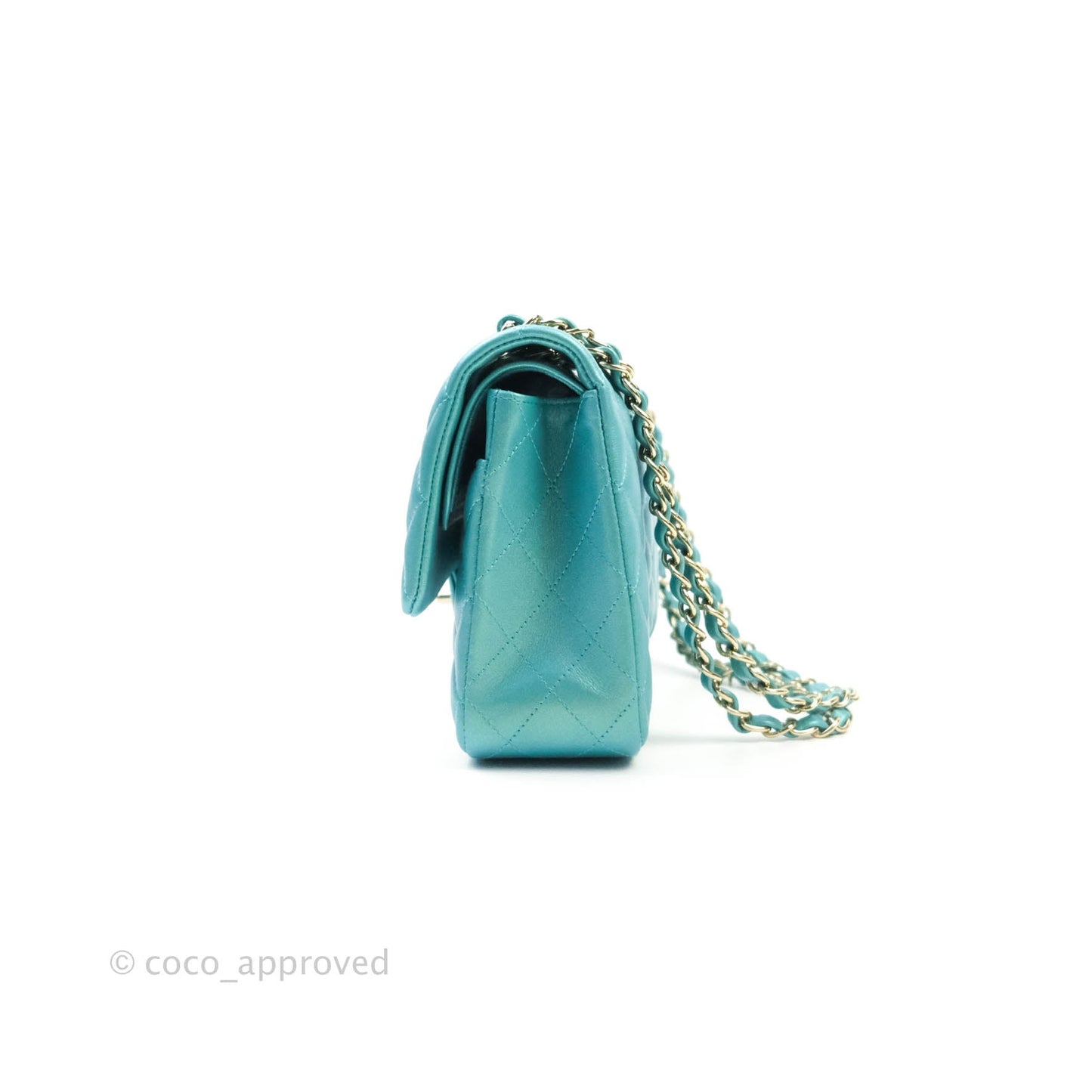 Chanel Classic M/L Medium Double Flap Iridescent Turquoise Calfskin Gold Hardware