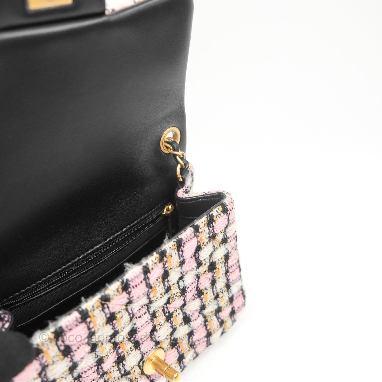 Chanel Pearl Crush Mini Square Quilted Pink Tweed Aged Gold Hardware