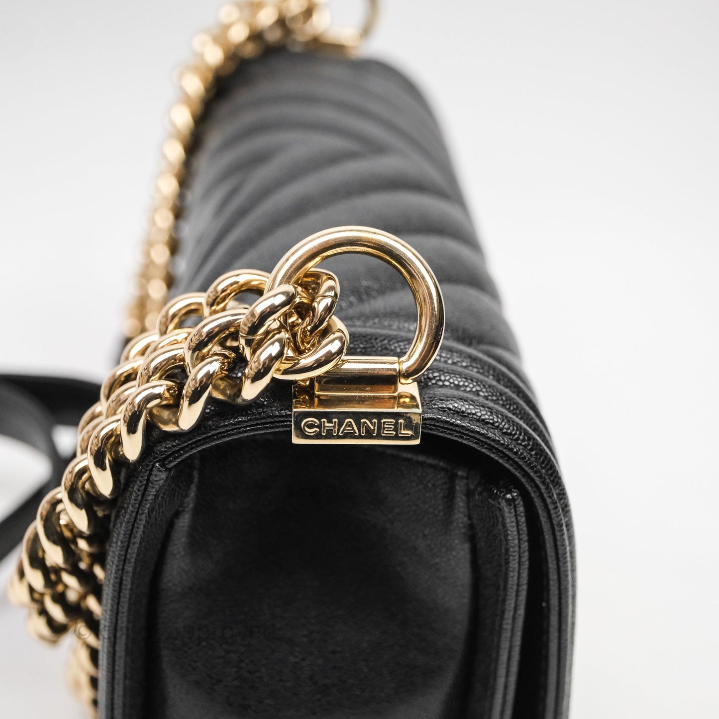 Chanel Medium Boy Chevron Black Caviar Light Gold Hardware