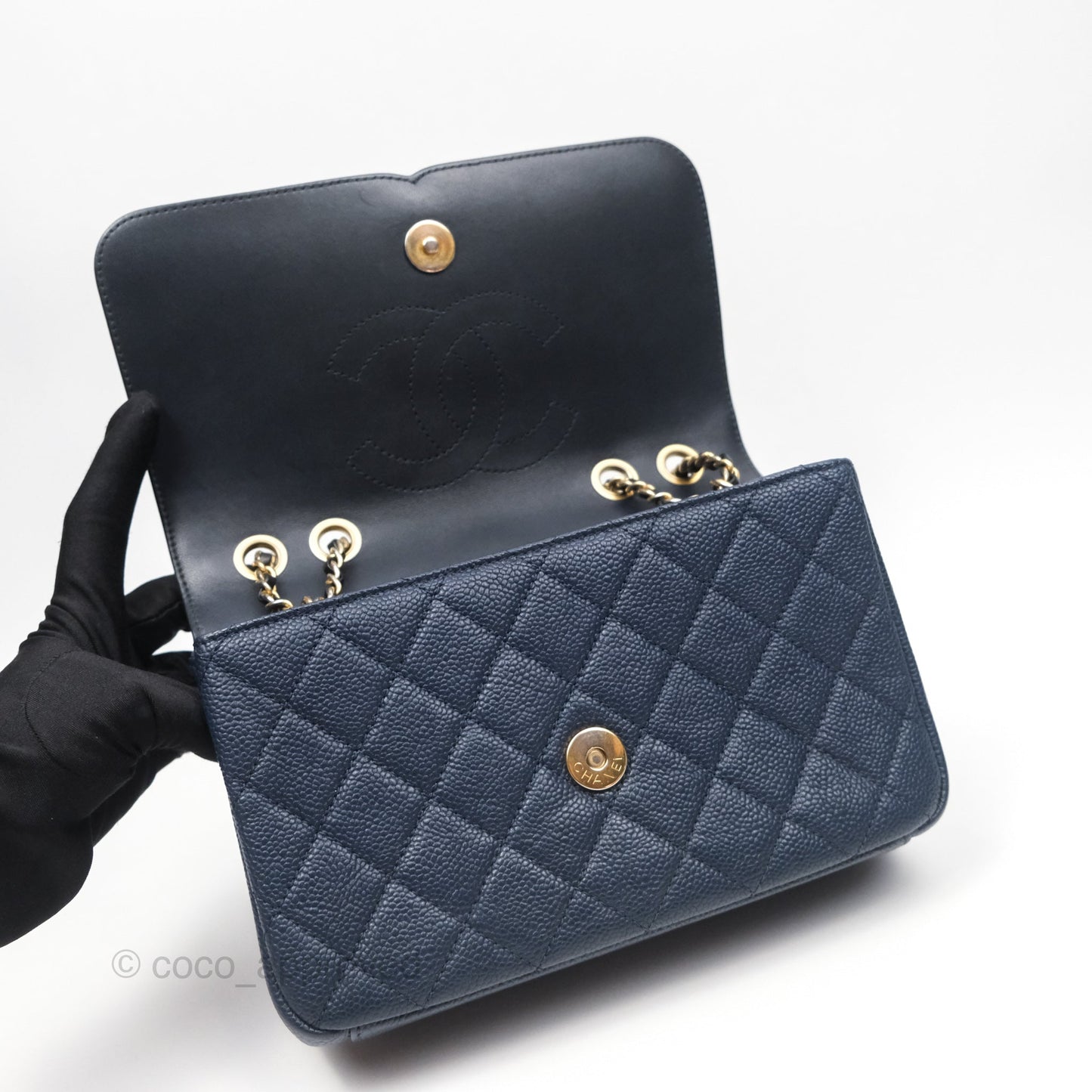 Chanel Small CC Filigree Flap Quilted Navy Black Caviar Aged Gold Hardware