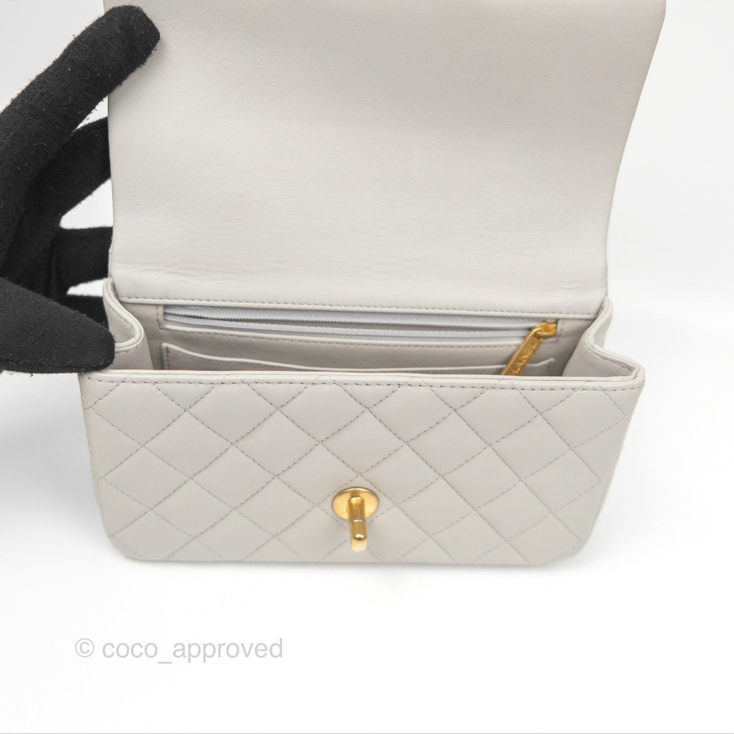 Chanel Top Handle Mini Rectangular Flap Bag Light Grey Lambskin Aged Gold Hardware