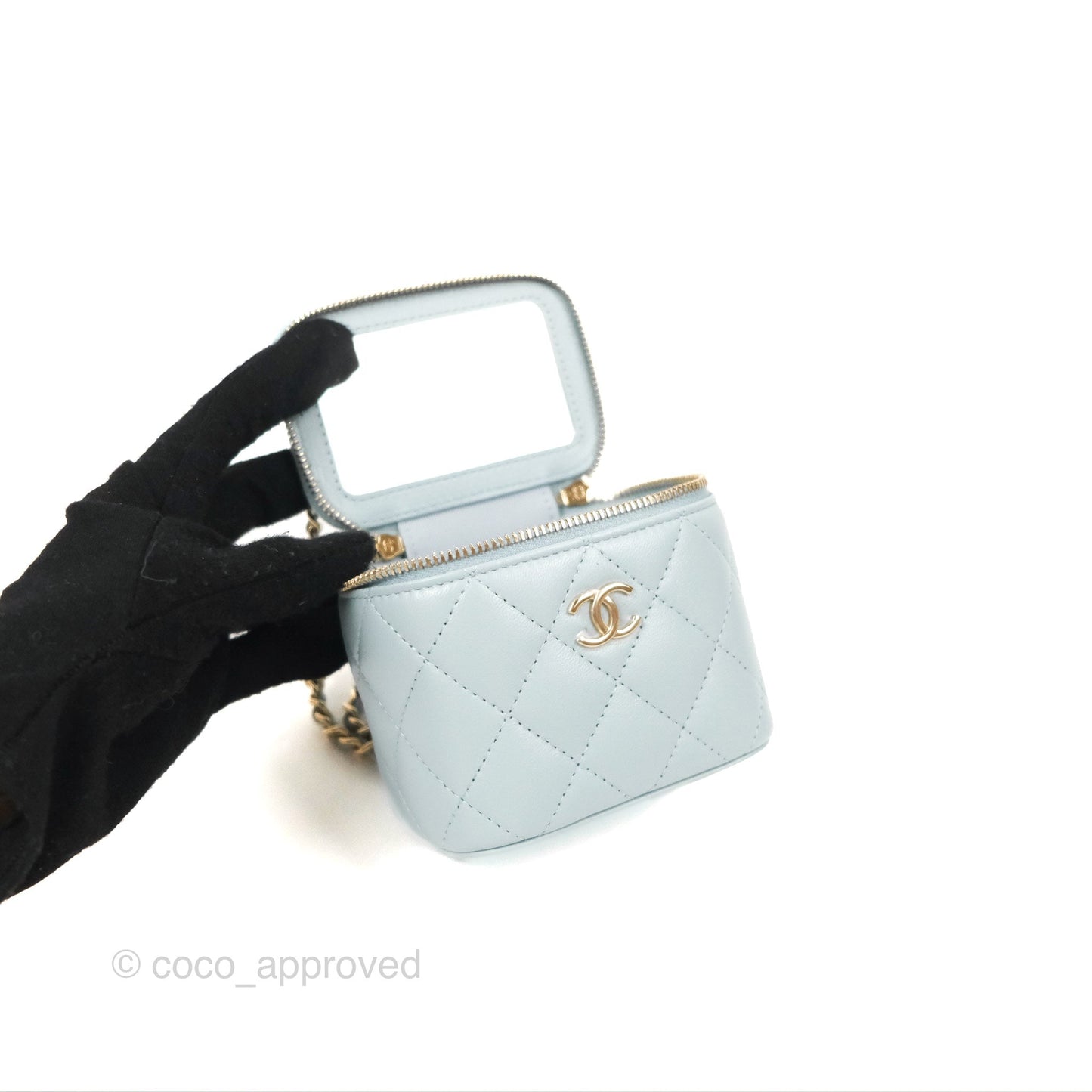 Chanel Mini Top Handle Vanity With Chain Light Blue Lambskin Gold Hardware