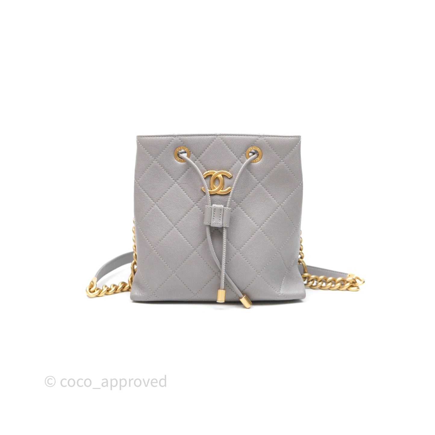 Chanel Drawstring Bucket Bag Grey Grained Calfskin Aged Gold Hardware