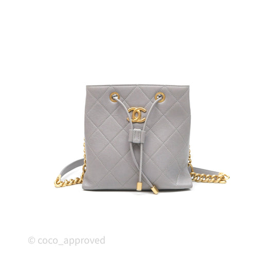 Chanel Drawstring Bucket Bag Grey Grained Calfskin Aged Gold Hardware
