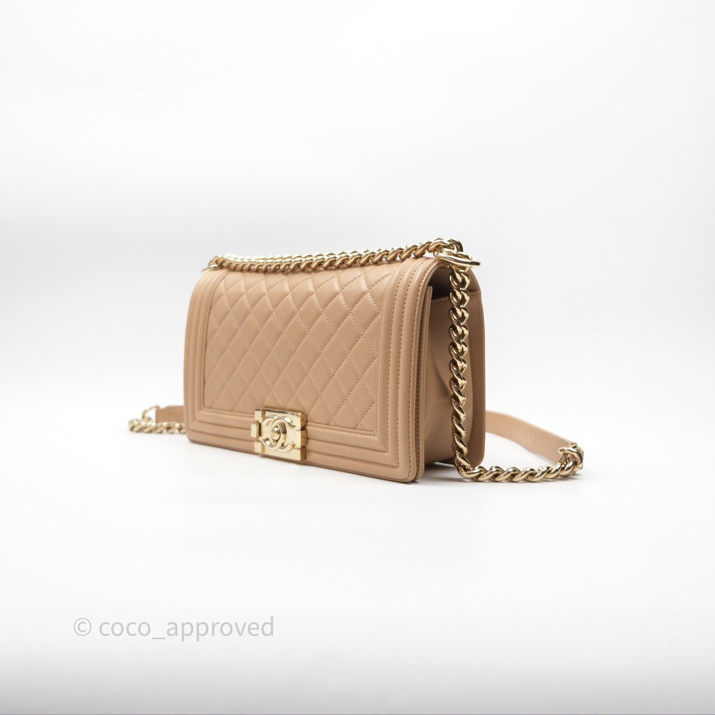 Chanel Boy Quilted Medium Beige Calfskin Gold Hardware