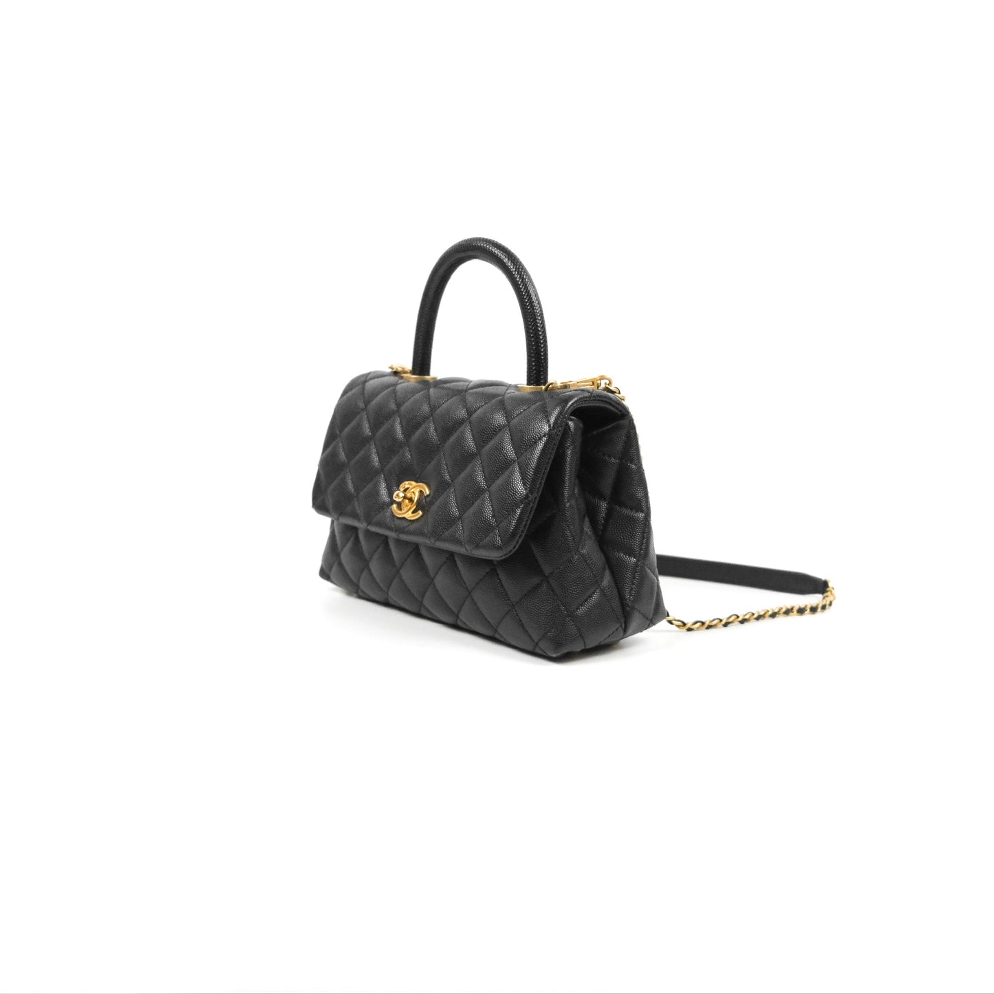 Chanel Small Coco Handle Quilted Black Caviar Aged Gold Hardware Lizard Handle