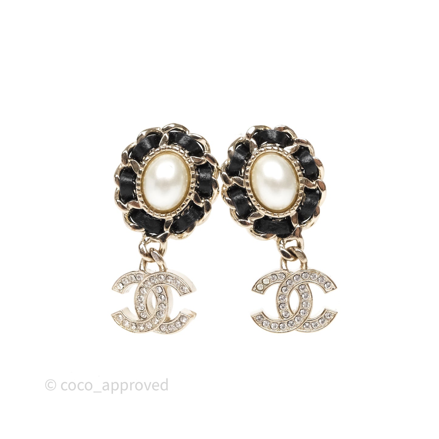 Chanel Oval Pearl Braided Black Leather Drop Crystal CC Earrings Gold Tone 21B