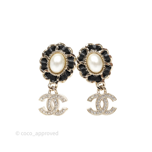 Chanel Oval Pearl Braided Black Leather Drop Crystal CC Earrings Gold Tone 21B