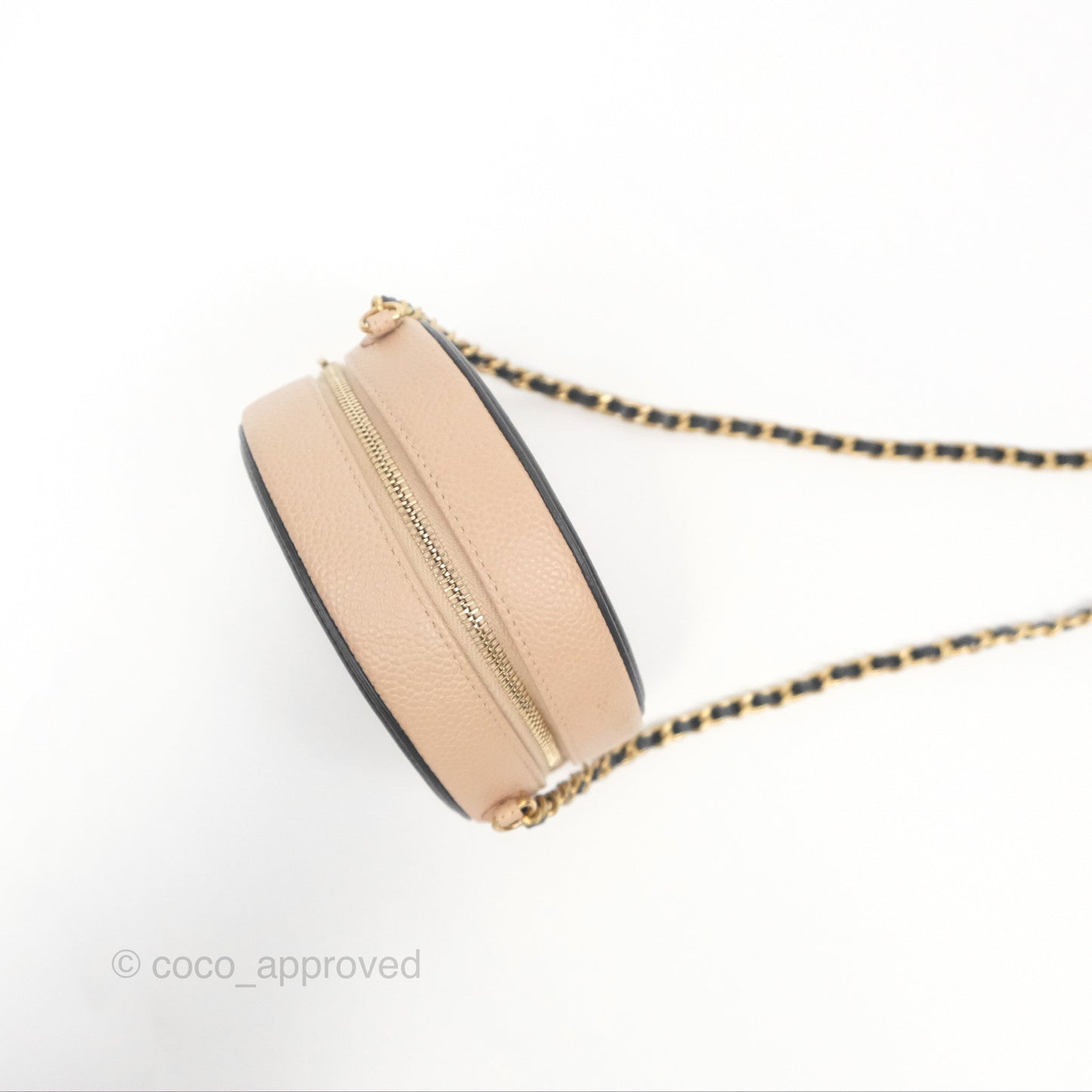 Chanel Quilted Round Filigree Clutch With Chain Beige Black Caviar Gold Hardware