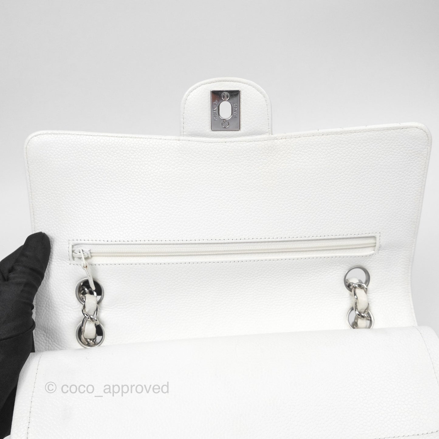 Chanel Classic M/L Medium Flap Quilted White Caviar Silver Hardware
