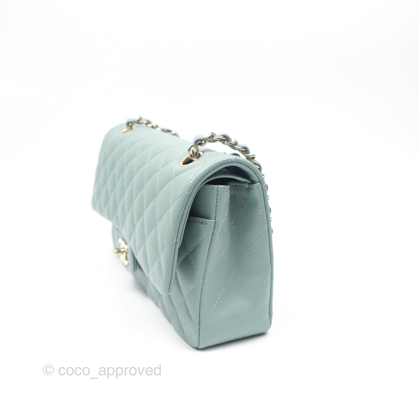 Chanel Classic M/L Medium Flap Quilted Tiffany Seafoam Green Caviar Gold Hardware