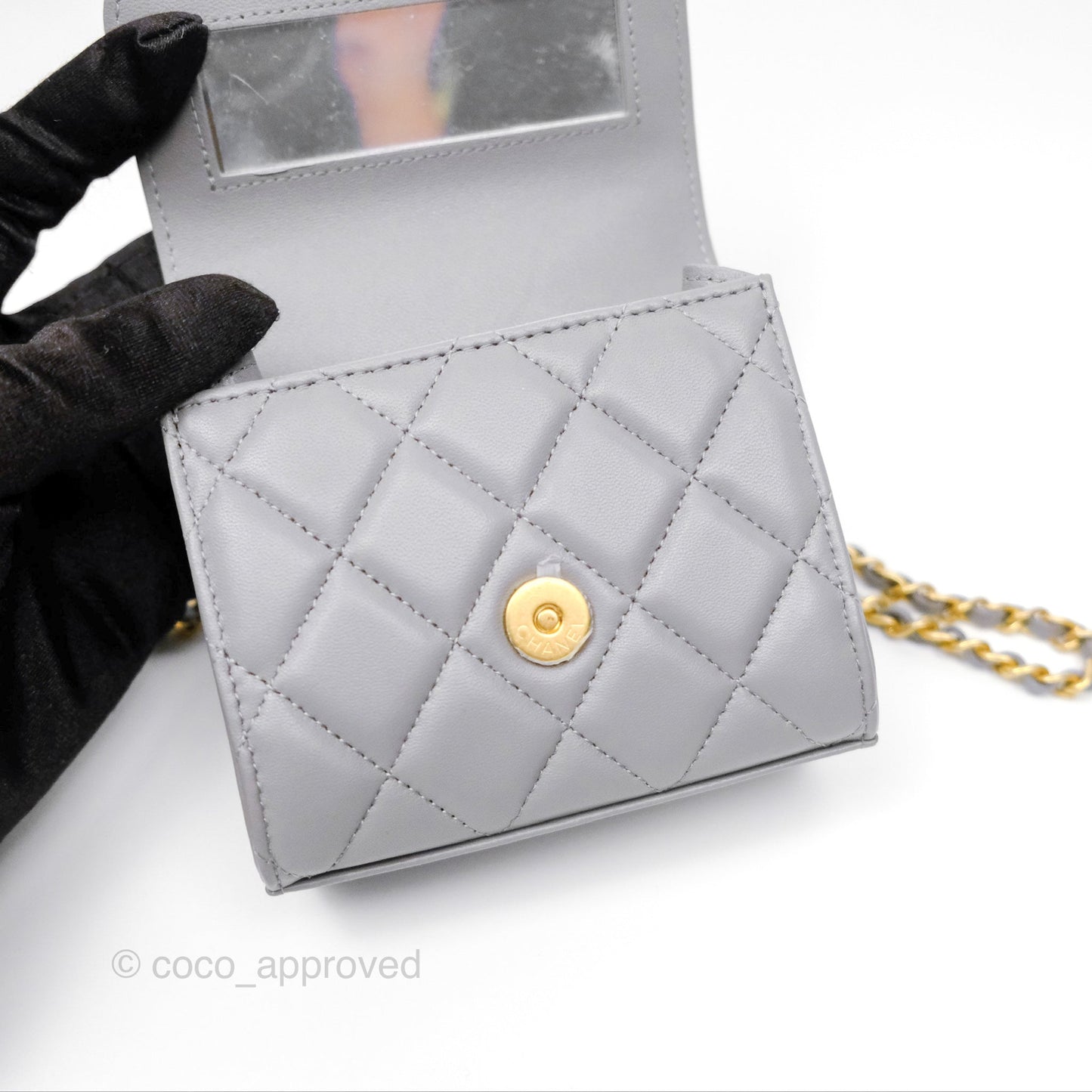 Chanel Mini Metal Handle Clutch With Chain Grey Lambskin Gold Hardware