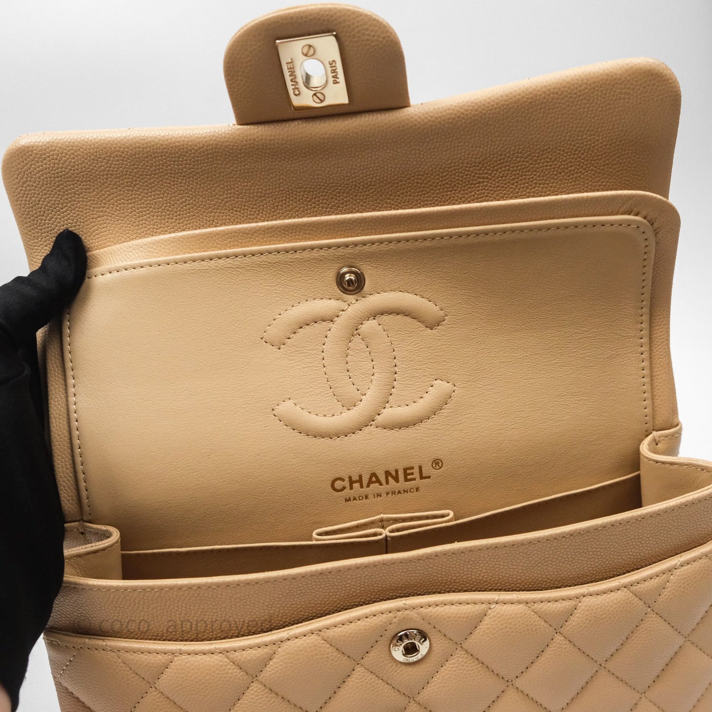 Chanel Classic Small S/M Quilted Flap Beige Caviar Gold Hardware