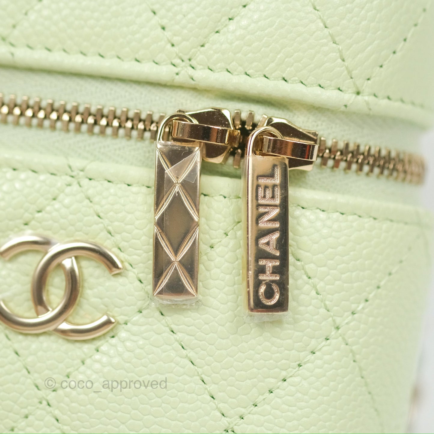 Chanel Quilted Small Handle With Care Vanity Case With Chain Green Caviar Gold Hardware