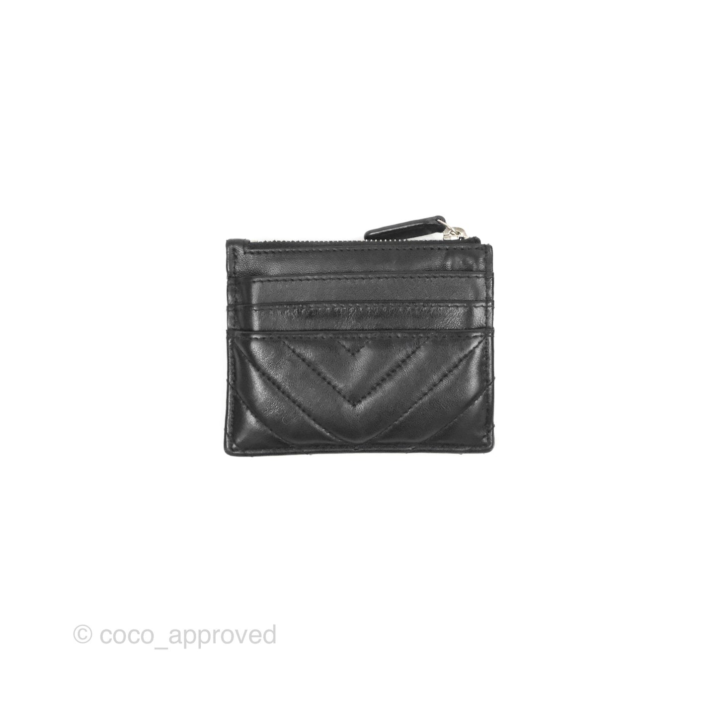 Chanel Chevron CC Zipped Card Holder Black Lambskin Silver Hardware