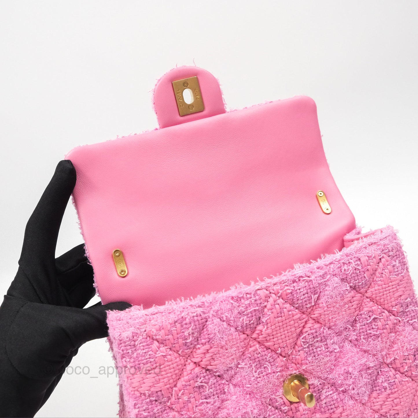 Chanel Mini Flap Bag with Pearl Chain Pink Tweed Aged Gold Hardware