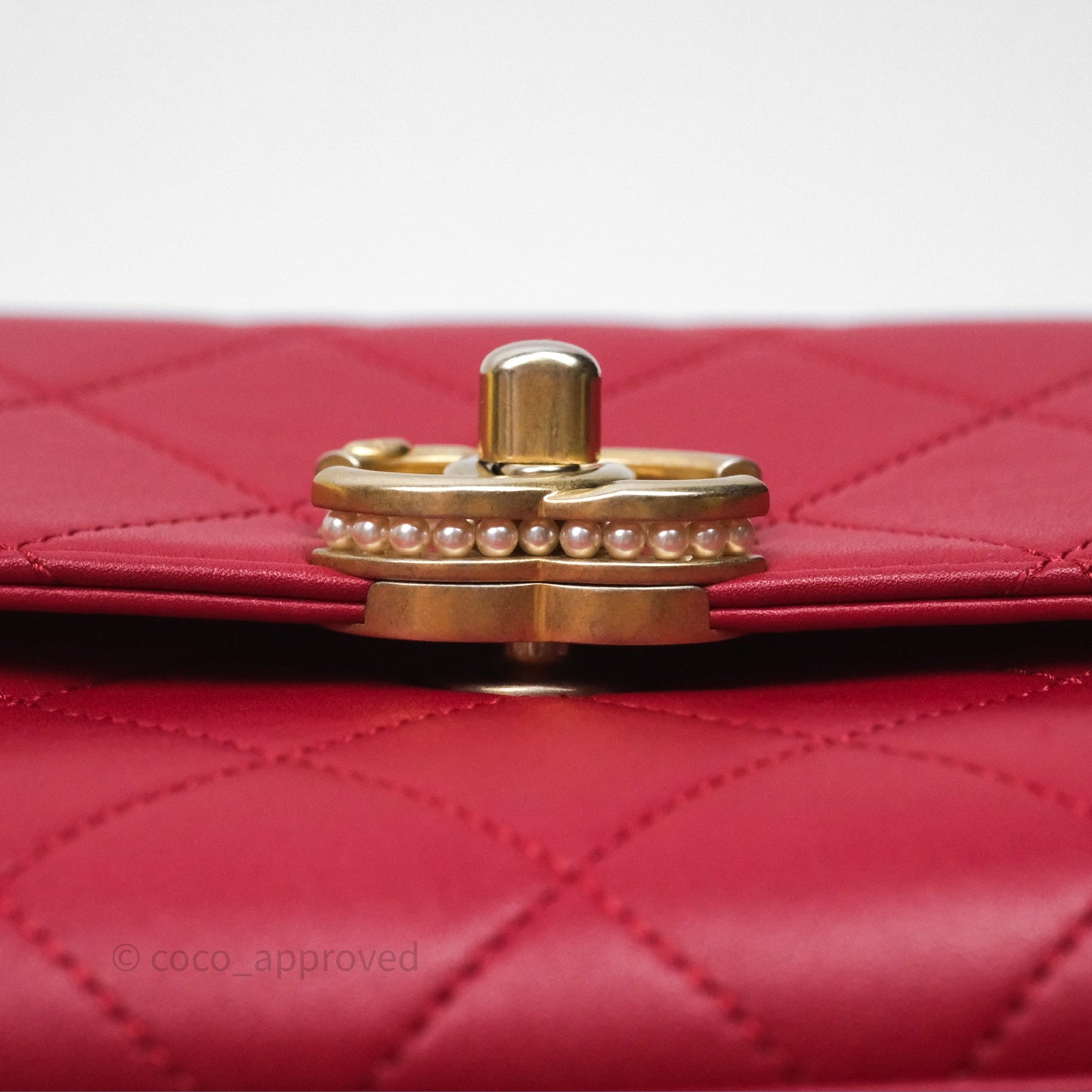 Chanel Quilted Flap Bag  with Pearl Logo Top Handle Red Lambskin Aged Gold Hardware