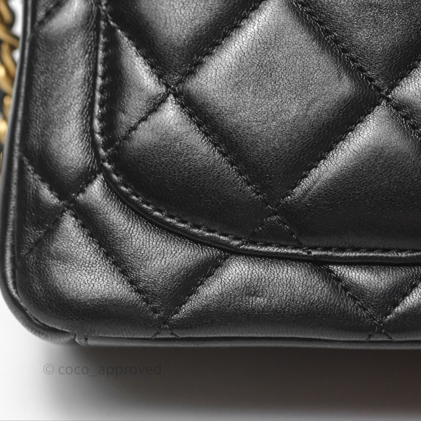 Chanel Logo Mini Square Flap Bag Black Lambskin Aged Gold Hardware 21B