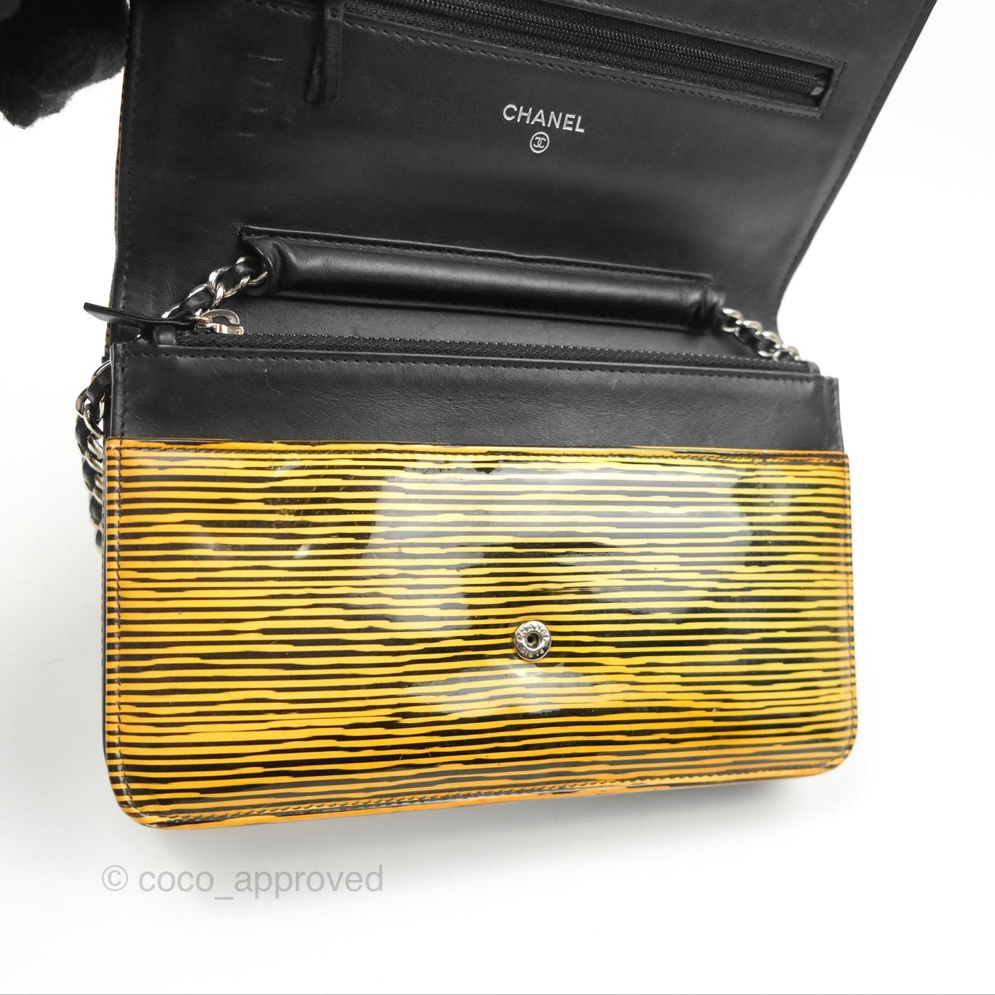 Chanel Wallet on Chain Yellow Black Striped Patent Silver Hardware