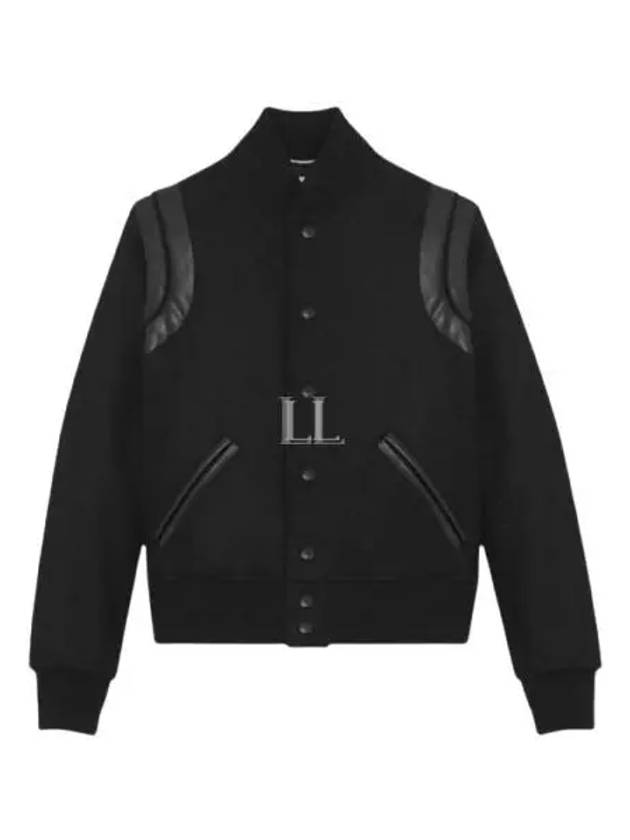 Luxury Saint Laurent Men's Teddy Light Wool Stadium Bomber Jacket Black