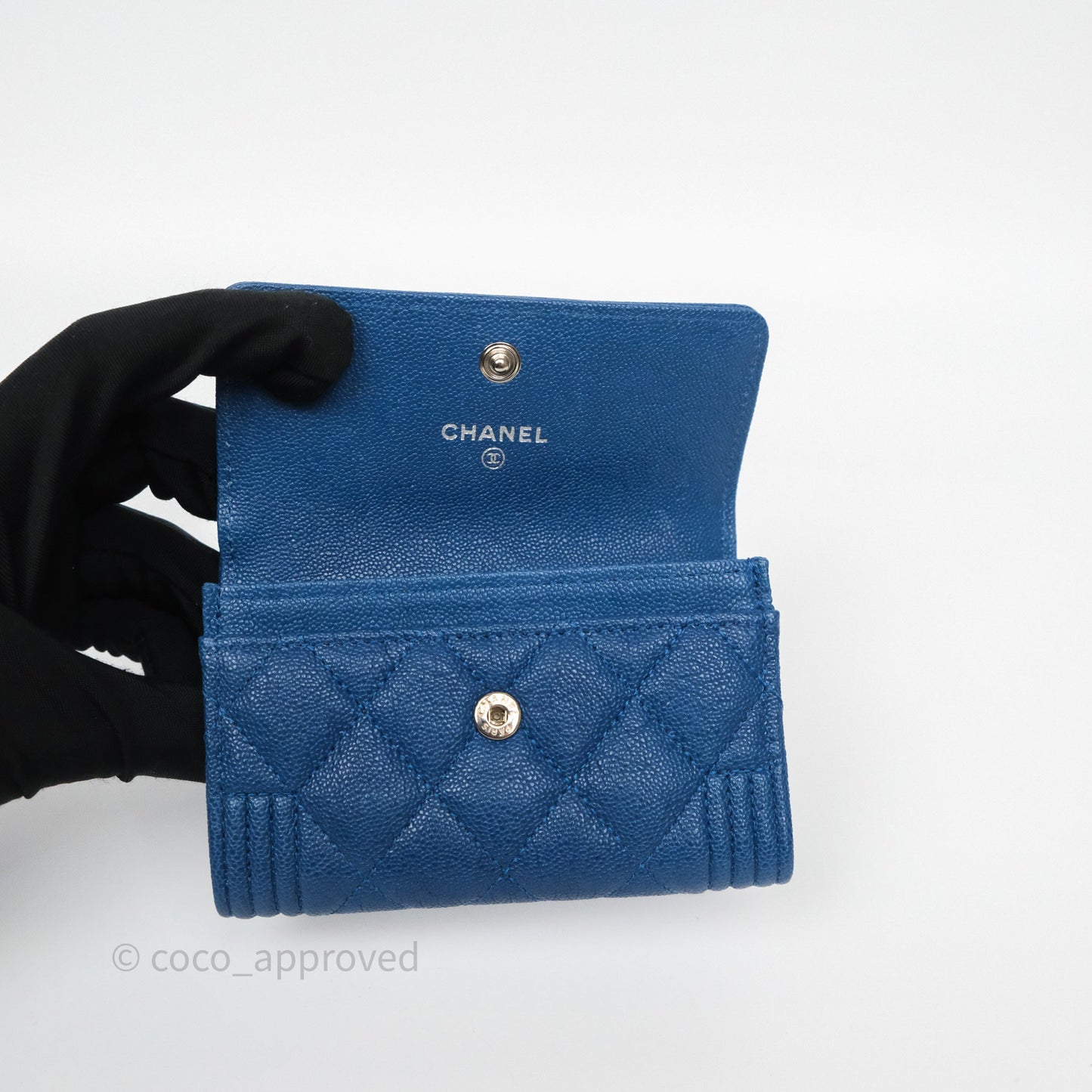 Chanel Quilted Boy Flap Card Holder Blue Caviar Silver Hardware