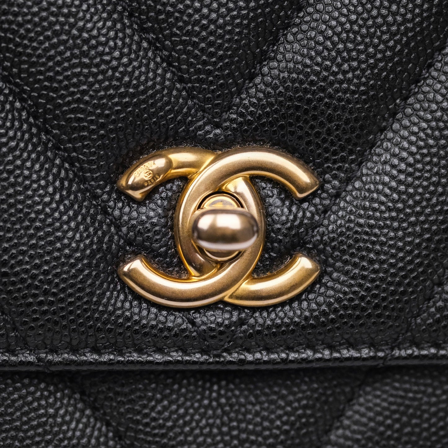 Chanel Small Coco Handle Chevron Black Caviar Aged Gold Hardware Lizard Handle