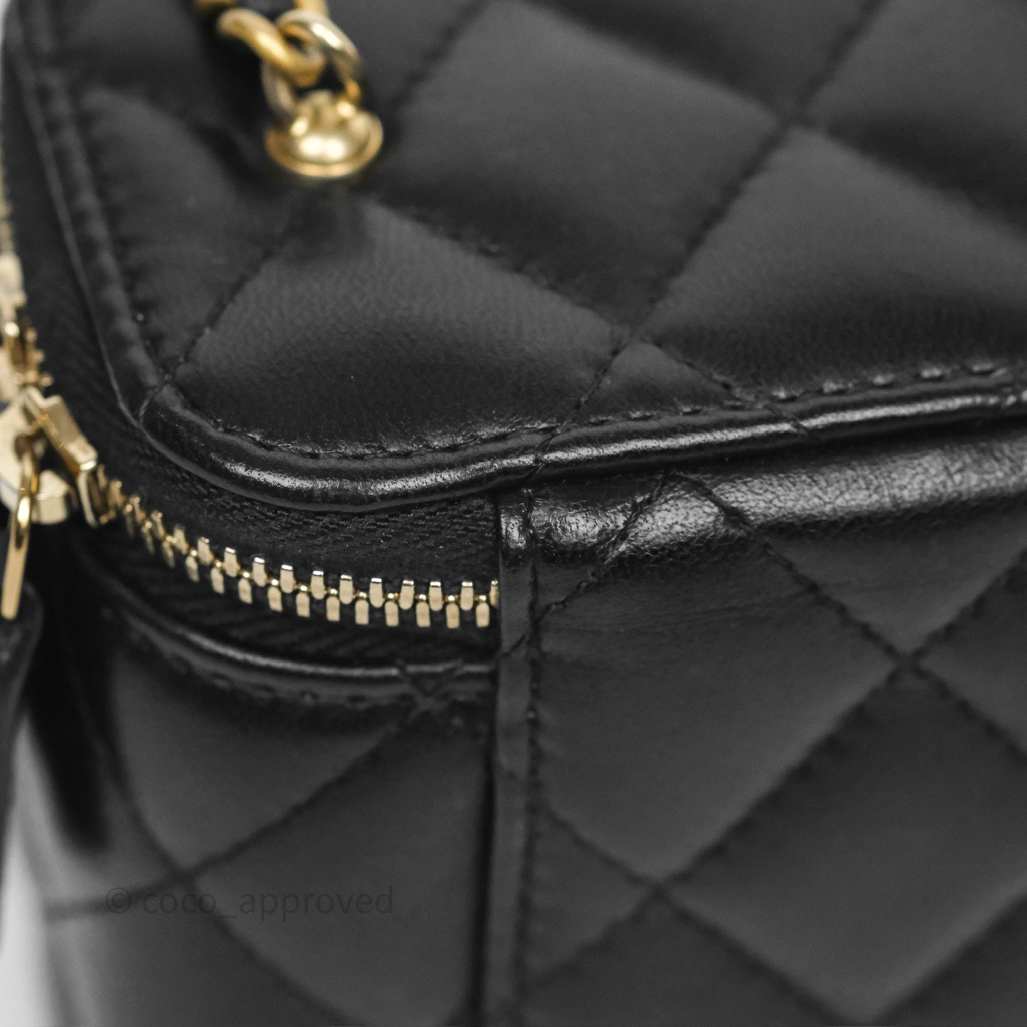 Chanel Quilted Pearl Crush Mini Vanity With Chain Black Lambskin Aged Gold Hardware