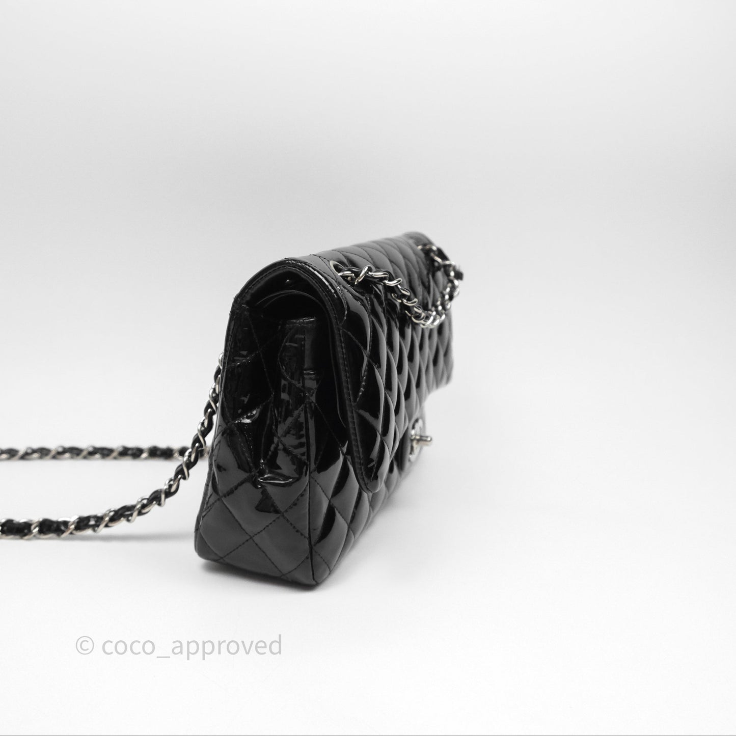 Chanel Classic M/L Medium Flap Quilted Black Patent Silver Hardware