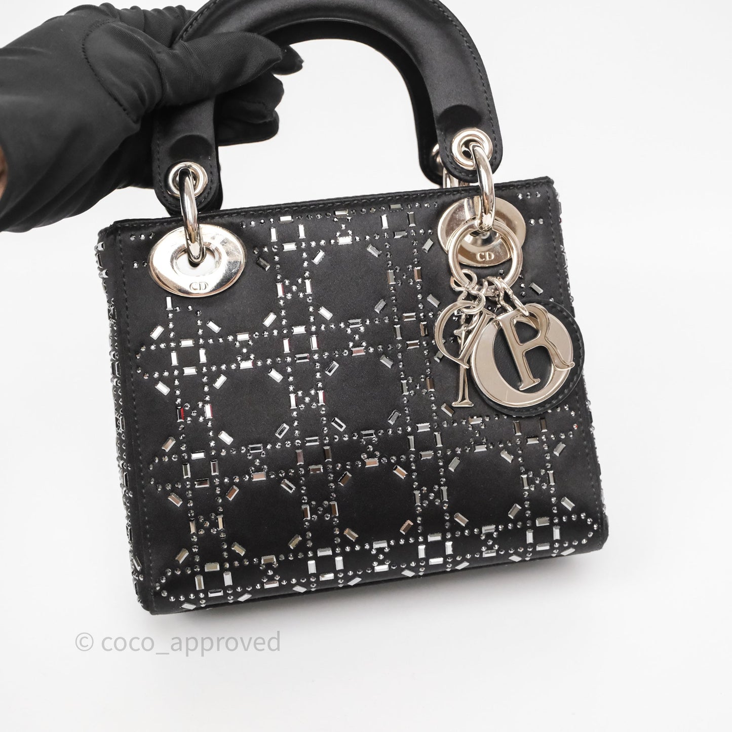 Christian Dior Mini Lady Dior Bag Black Strass Cannage Satin Silver Hardware