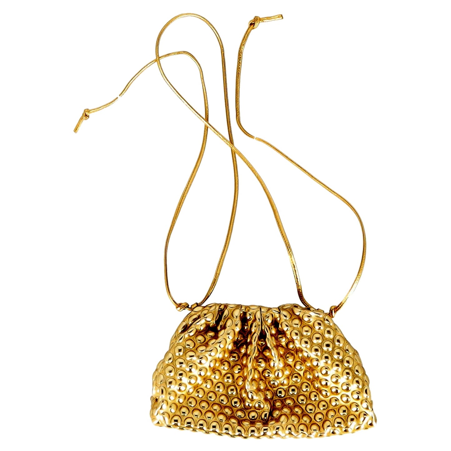 Luxury Bottega Veneta Mini Pouch Bubble-Embellished Sling Bag in Metallic Gold Leather