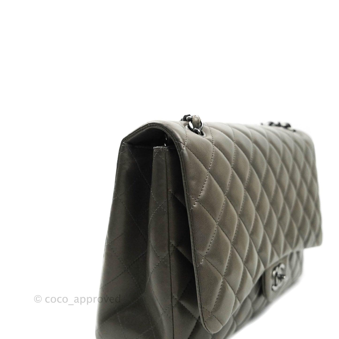 Chanel Classic Single Flap Maxi Grey Lambskin Gun Metal Hardware