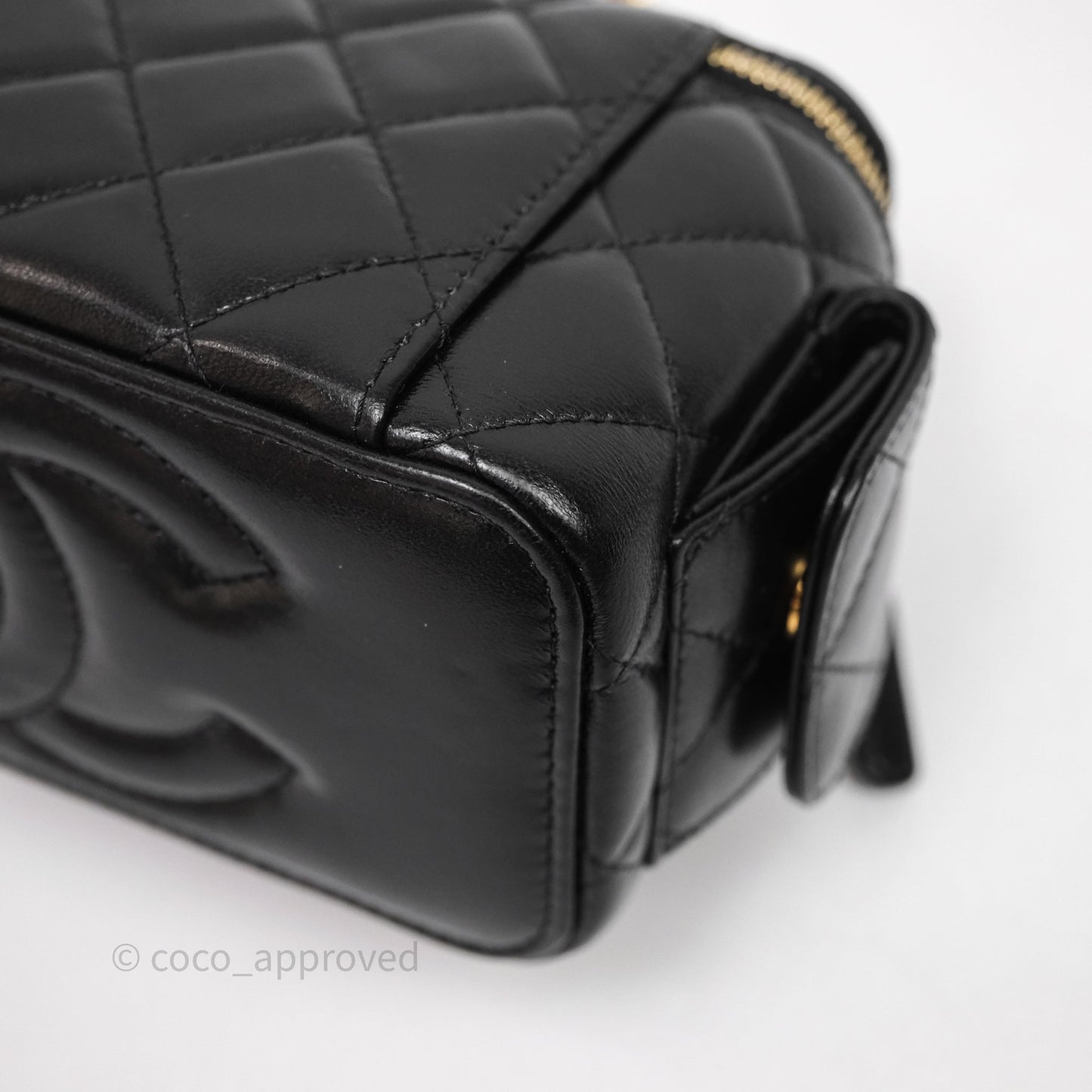 Chanel Quilted Top Handle Pocket Vanity Case Black Shiny Lambskin Bag Gold Hardware
