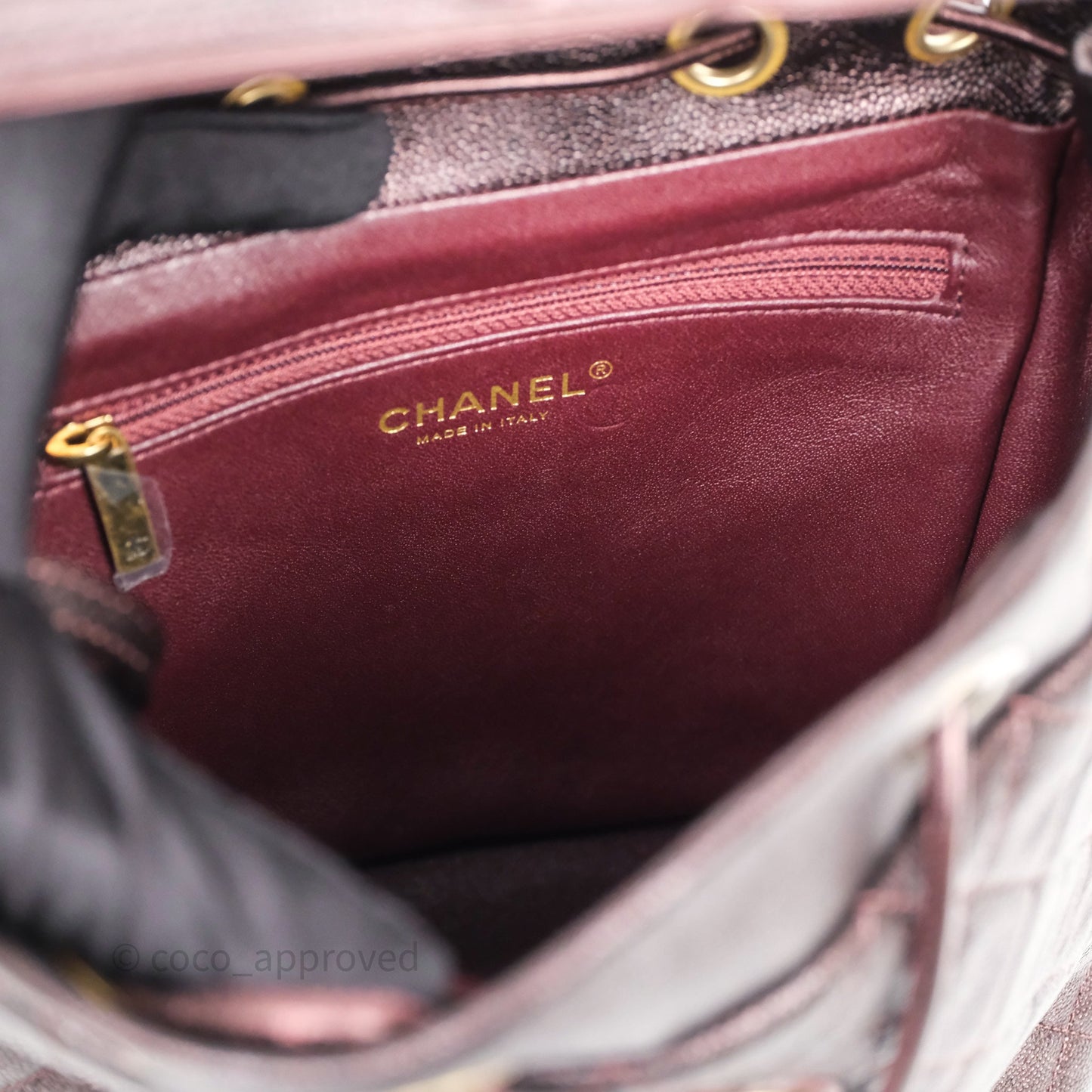 Chanel Quilted Filigree Backpack Iridescent Burgundy Caviar Aged Gold Hardware
