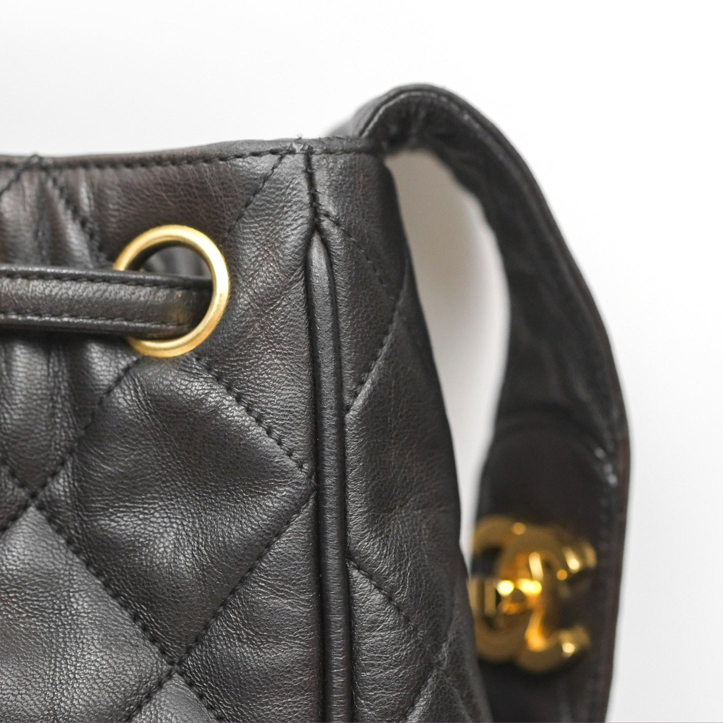 Chanel Vintage Drawstring Bucket Bag Black Lambskin Gold Hardware