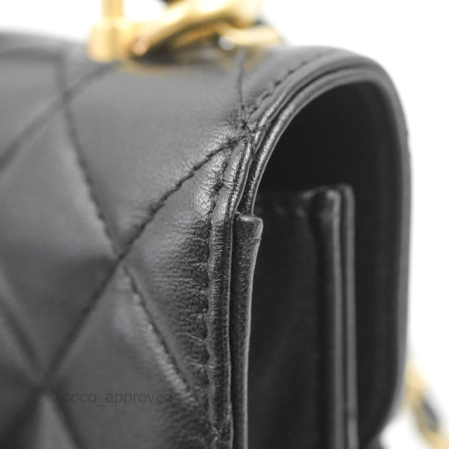 Chanel Mini Handle Flap Coin Purse With Chain Black Lambskin Gold Hardware