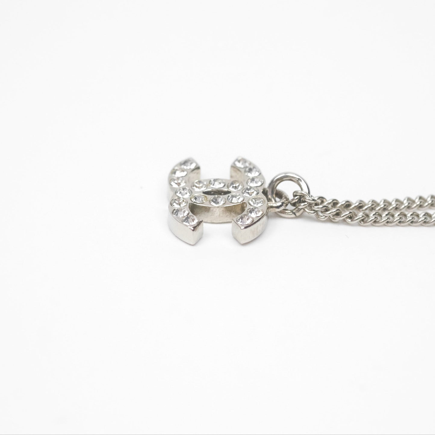 Chanel Crystal CC Necklace Silver Tone 12V