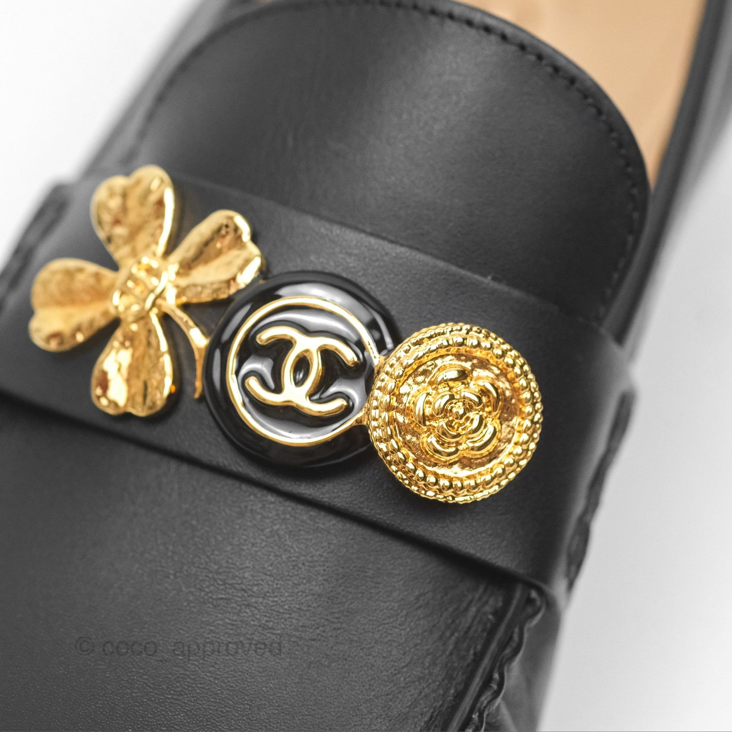 Chanel Loafers Black Leather CC Clover Camellia 23S Size 37C