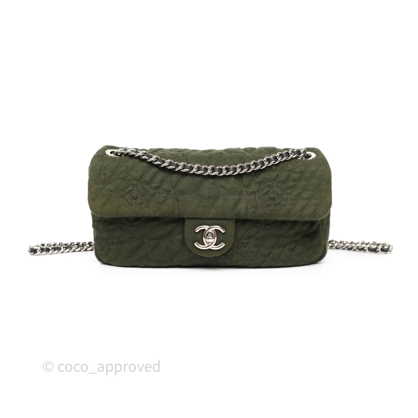 Chanel Camellia Flap Bag Army Green Denim Silver Hardware