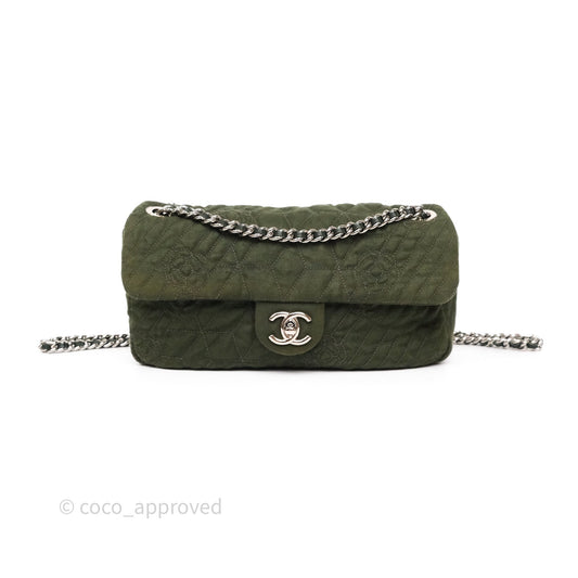 Chanel Camellia Flap Bag Army Green Denim Silver Hardware