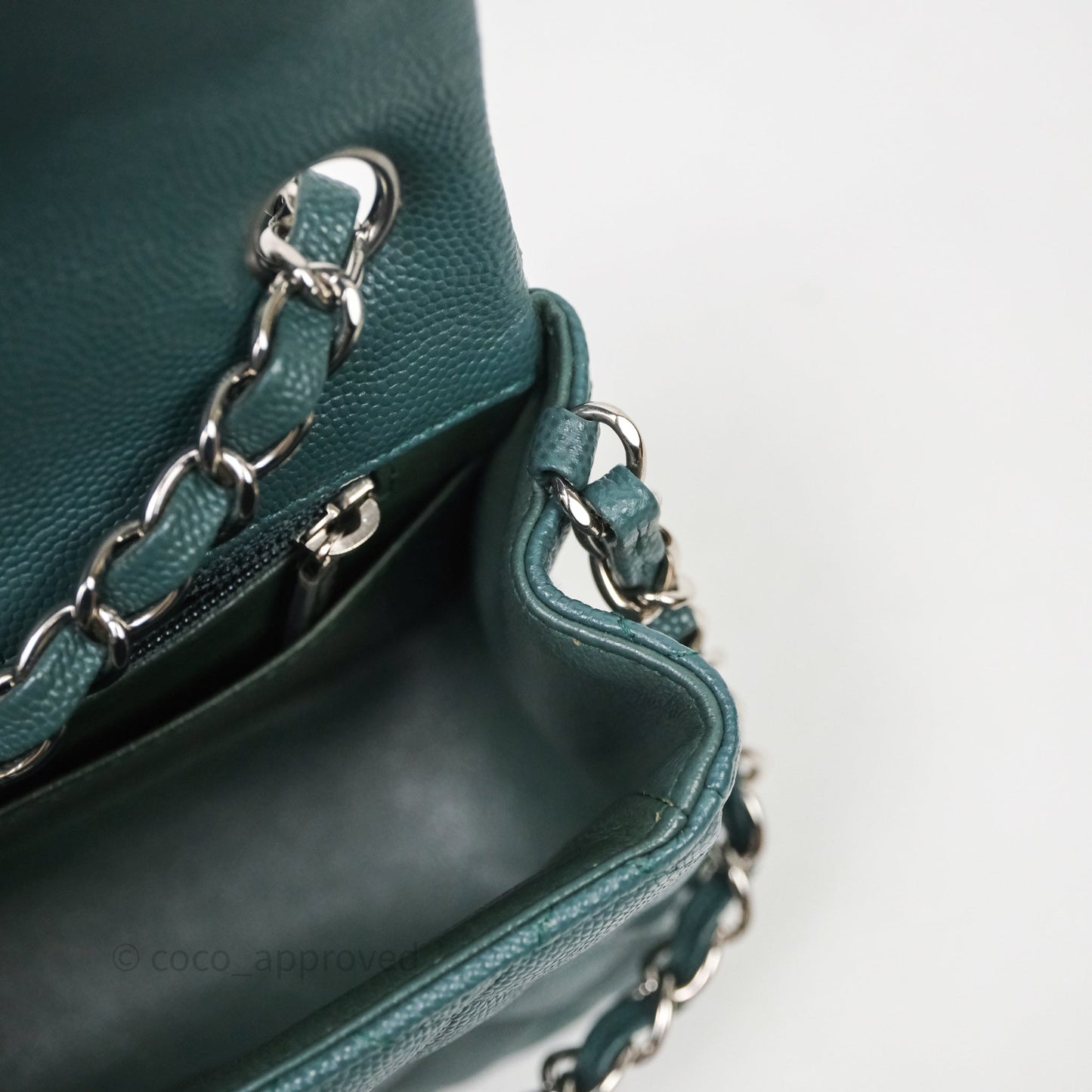 Chanel Quilted Mini Square Flap Dark Green Caviar Silver Hardware