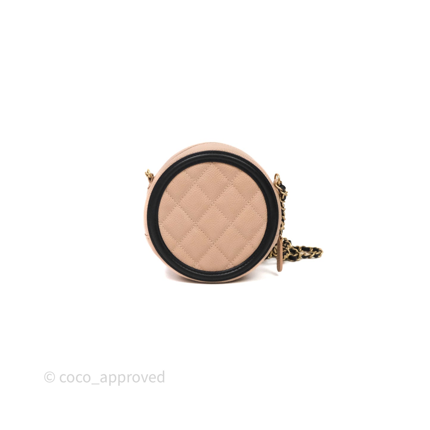 Chanel Quilted Round Filigree Clutch With Chain Beige/ Black Caviar Aged Gold Hardware