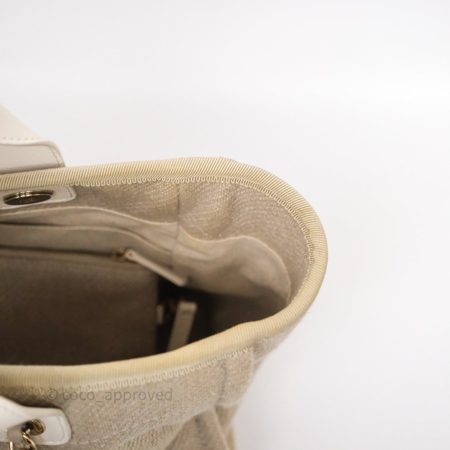 Chanel New Small Deauville Tote Beige Canvas Gold Hardware