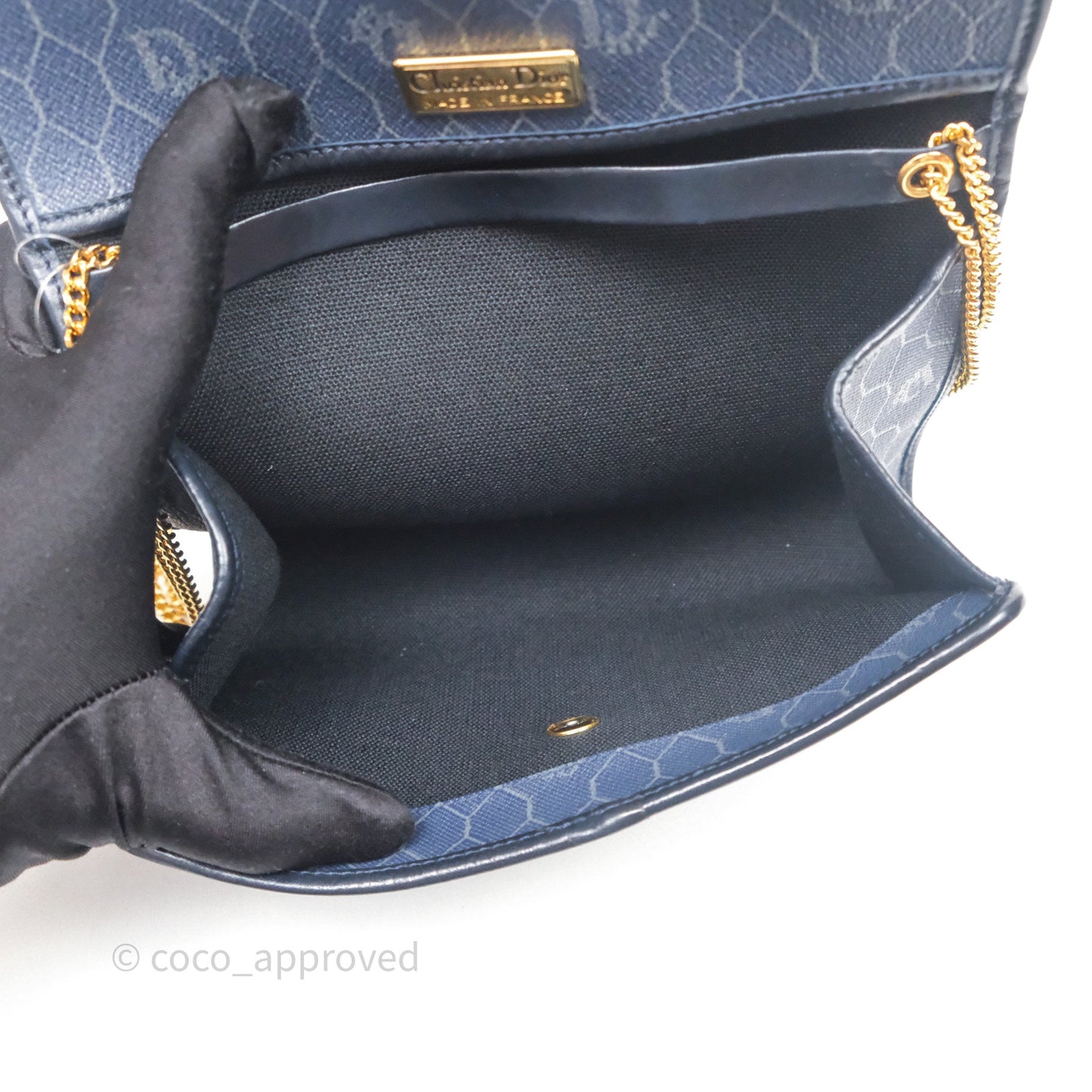 Christian Dior Vintage Honeycomb Flap Bag Navy Gold Hardware