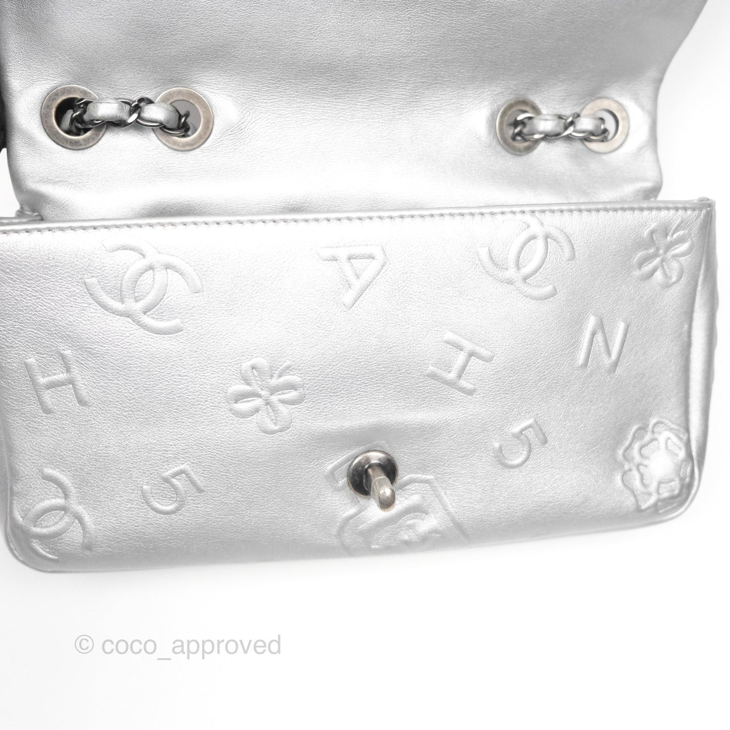 Chanel Medium Single Flap Embossed Metallic Silver Lambskin Ruthenium Hardware