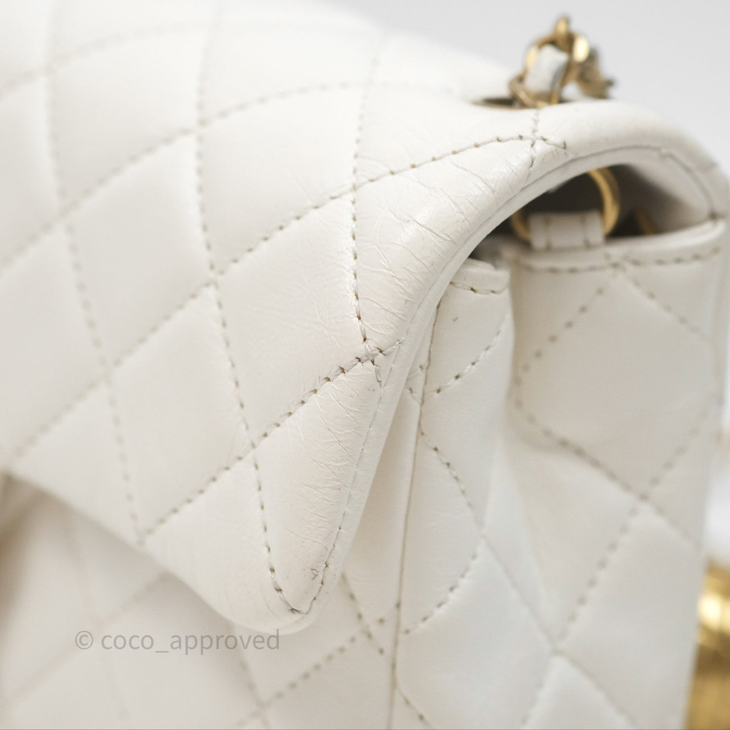 Chanel Mini Rectangular Pearl Crush Quilted White Lambskin Aged Gold Hardware