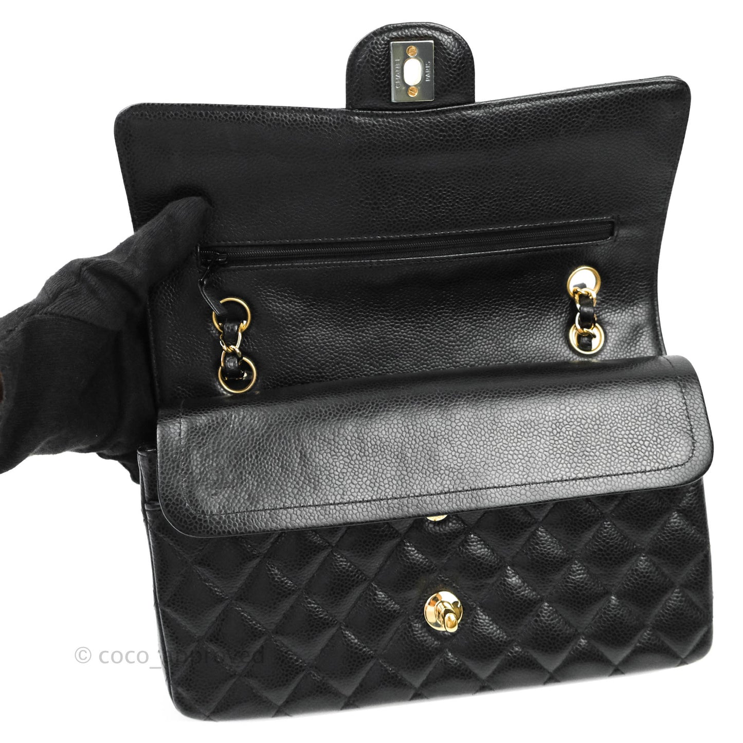 Chanel Quilted M/L Medium Double Flap Black Caviar Gold Hardware